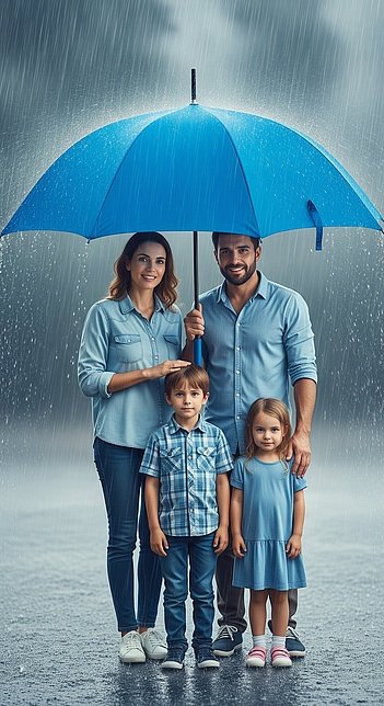Dieses Bild zeigt eine vierköpfige Familie, bestehend aus zwei Erwachsenen und zwei Kindern, die unter einem großen, leuchtend blauen Regenschirm im Regen steht. Der Mann hält den Schirm, während die Frau ihre Hand auf den Kopf des älteren Kindes legt. Alle sind in blauen Farbtönen gekleidet, was gut zum Schirm und dem regnerischen Wetter passt. Die Gesichter der Familie sind freundlich und lächelnd, was eine positive und schützende Atmosphäre vermittelt. Der Boden ist nass und reflektiert das Licht, was auf einen starken Regen hindeutet.