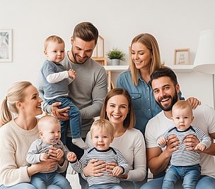 Das Bild zeigt eine lachende Gruppe von sechs Erwachsenen und vier Babys in einem hellen Raum.