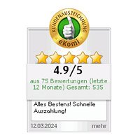 Das Bild zeigt ein eKomi-Bewertungs-Widget. Darunter ist eine Sternebewertung von 4,9 von 5 Sternen zu sehen. Der Text "aus 75 Bewertungen (letzte 12 Monate) Gesamt: 535" ist ebenfalls sichtbar. Im unteren Bereich des Widgets wird ein Kundenkommentar angezeigt: "Alles Bestens! Schnelle Auszahlung!" mit dem Datum "12.03.2024".